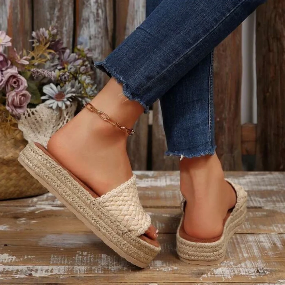 Women's Cream Woven Slide Sandals
